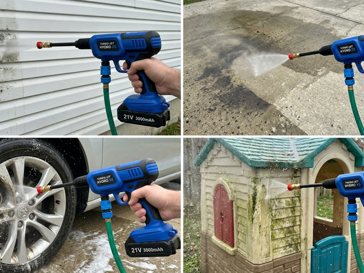 Hydro X5 cleaning vinyl exterior cladding, concrete driveway, alloy wheels, and a kid's playhouse
