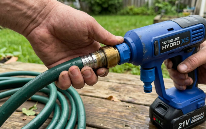 Close-up of the Hydro X5 brass threading attaching to a standard hosepipe connector