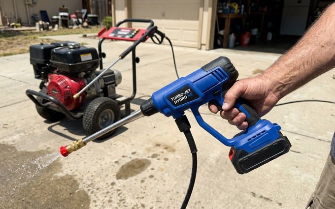 Hand holding the Hydro X5 next to a bulky petrol pressure washer for size comparison